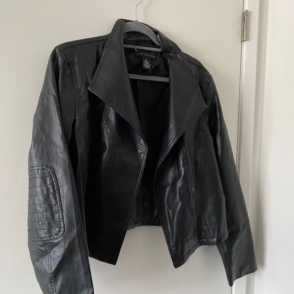 Open Front Faux Black Leather Jacket